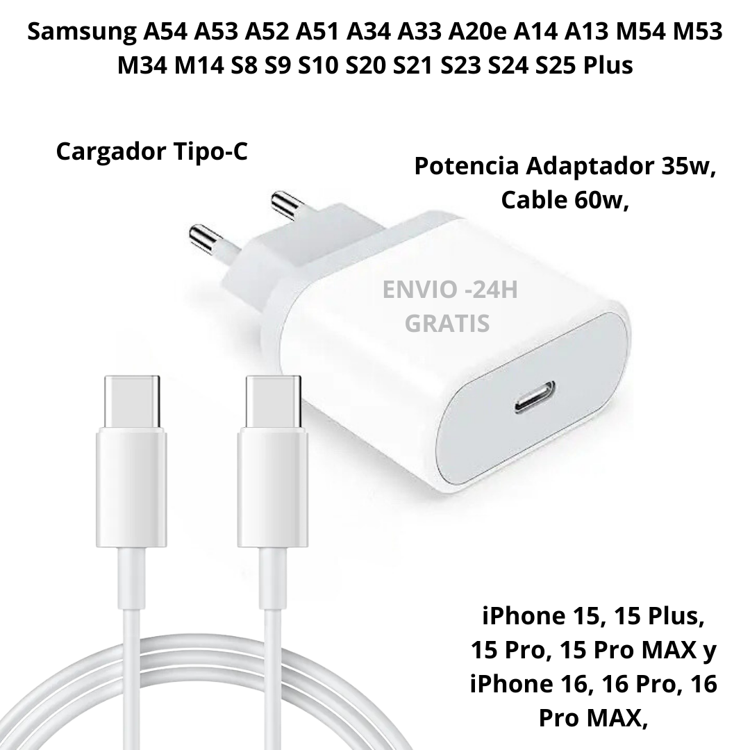 Cargador USB-C - Cable Tipo C a C, Carga Rapida, Potencia Adaptador 35w, Cable 60w, Compatible con iPhone y Android