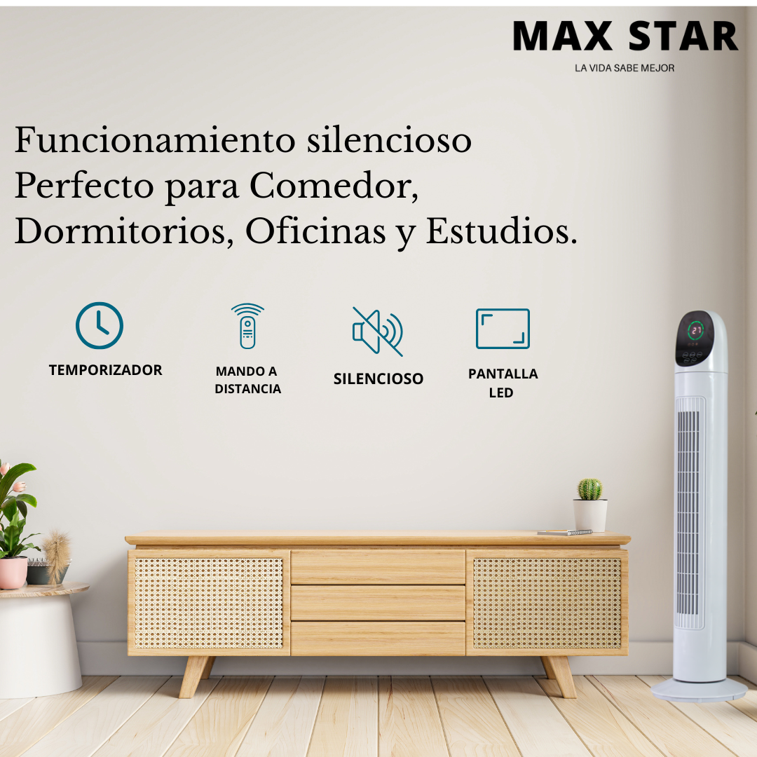 Ventilador de Torre Silencioso 86 cm con Pantalla LED, Temporizador Digital y Mando a Distancia | Oscilante, 3 Velocidades