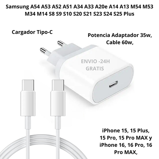 Cargador USB-C - Cable Tipo C a C, Carga Rapida, Potencia Adaptador 35w, Cable 60w, Compatible con iPhone y Android